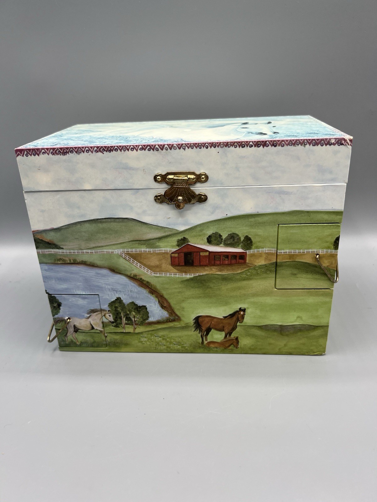 Enchantmints Wooden Jewelry Music Box Scenic Horse Farm Mirror Lid Latch Drawers