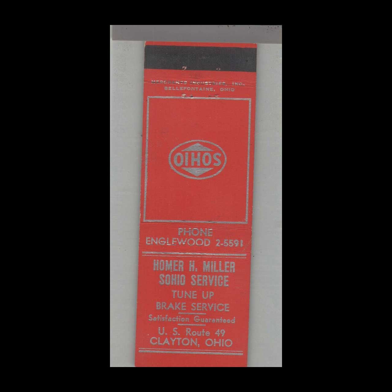 Matchbook Cover - Gas Station Homer H. Miller Sohio Station Clayton, OH