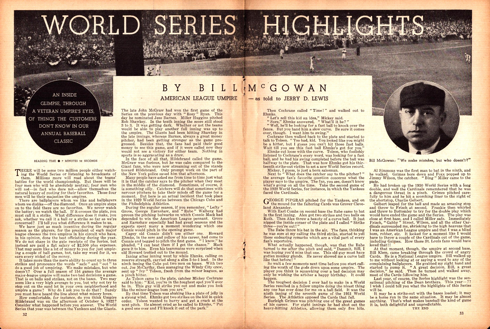 World Series Highlights by Bill McGowan Baseball Ump Vintage Print Article 1935