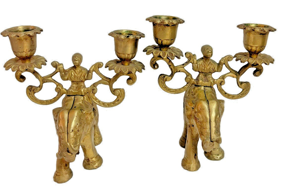 Solid Brass Lord Indra Airavata Elephant Candelabra Antique Artifact Pair - RARE