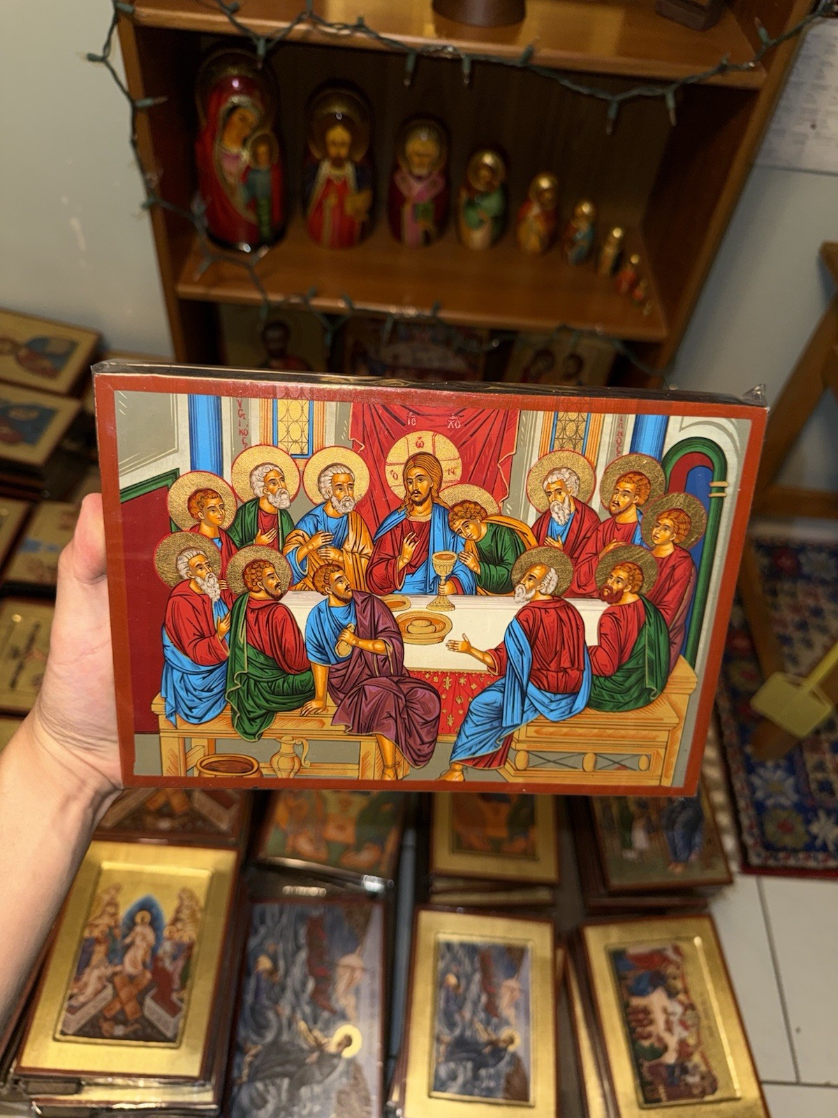 Last Supper Mystical Supper Orthodox Icon Gold Leaf Flat Wood (handmade) 18x25cm