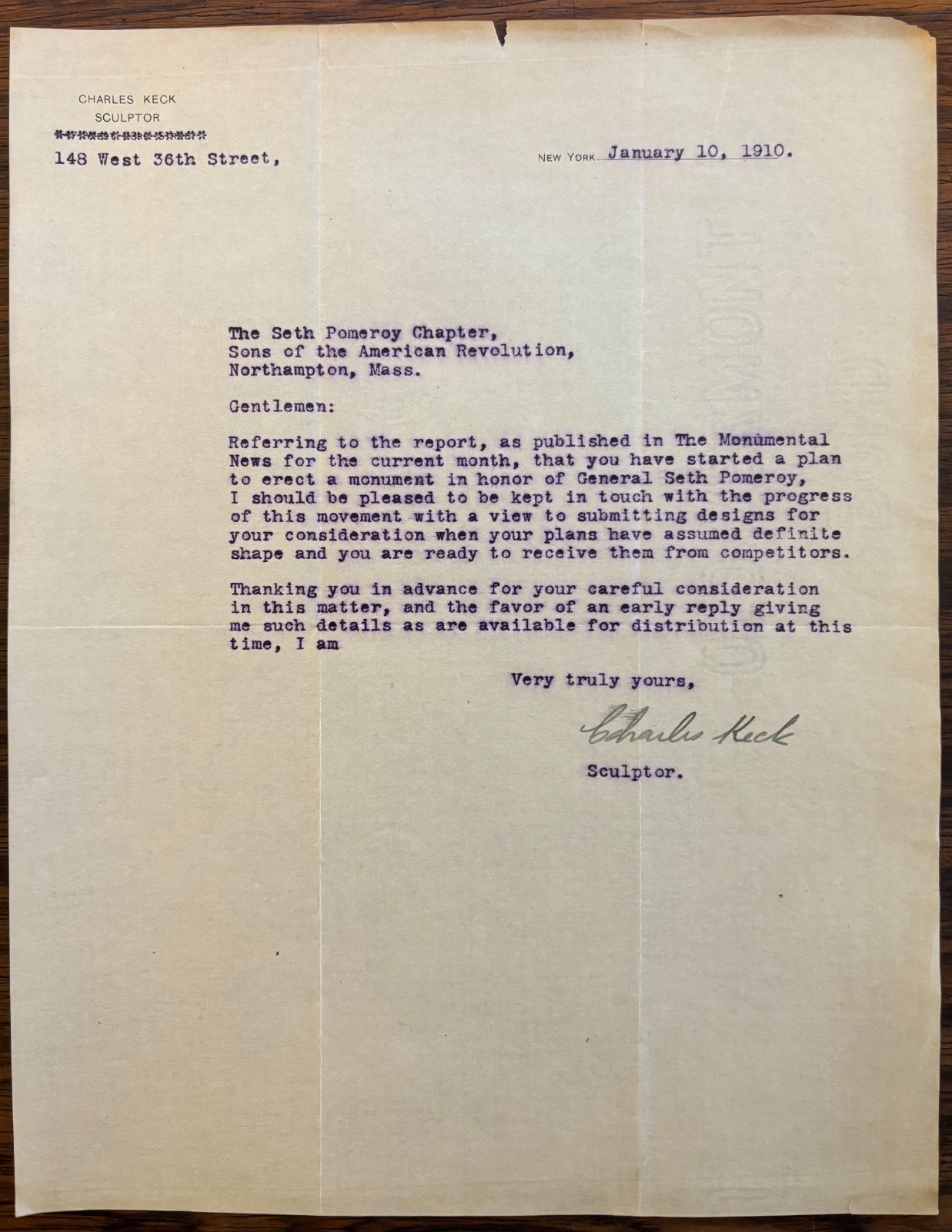 1910 TYPED LETTER SIGNED BY CHARLES KECK-- NOTED AMERICAN SCULPTOR Art History