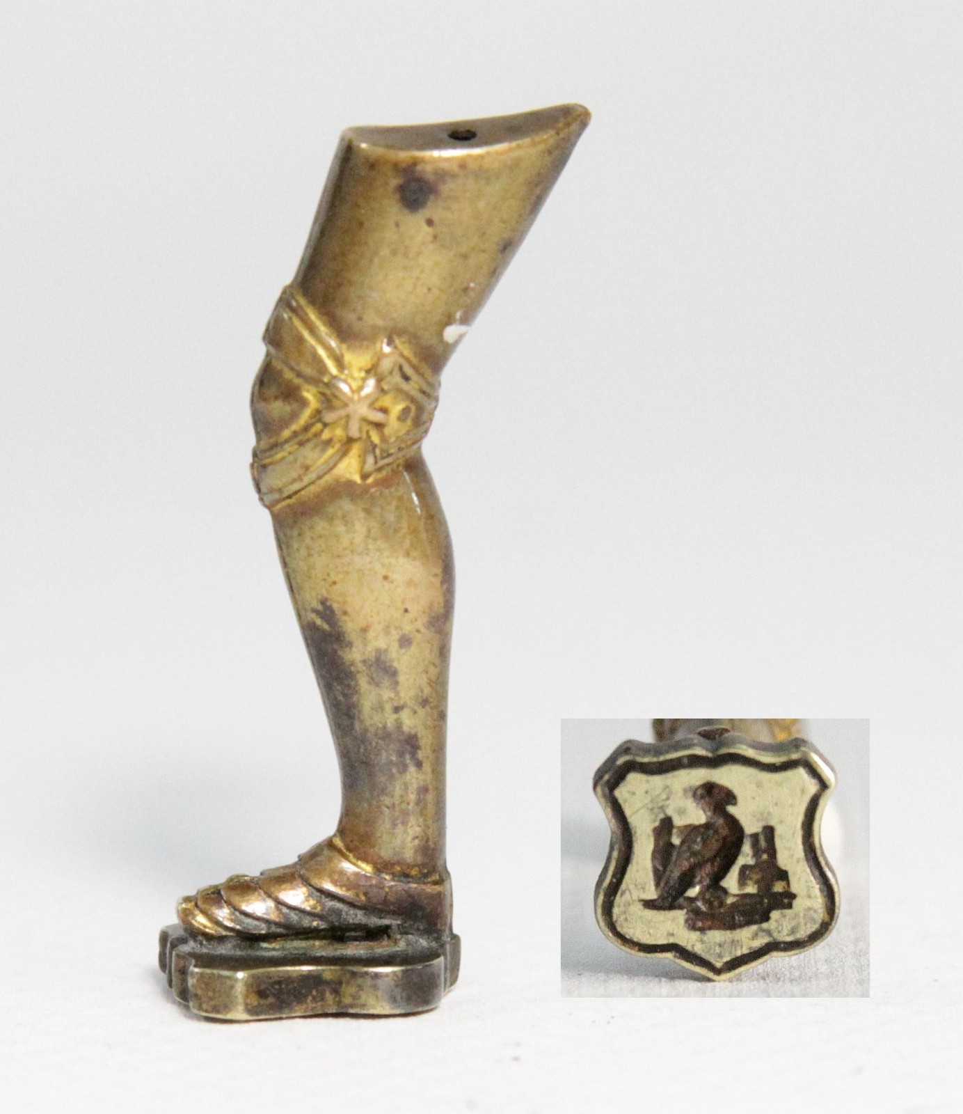 antique 19th C wax seal stamp & pipe tamper, medieval leg armor Poleyn & Sabaton