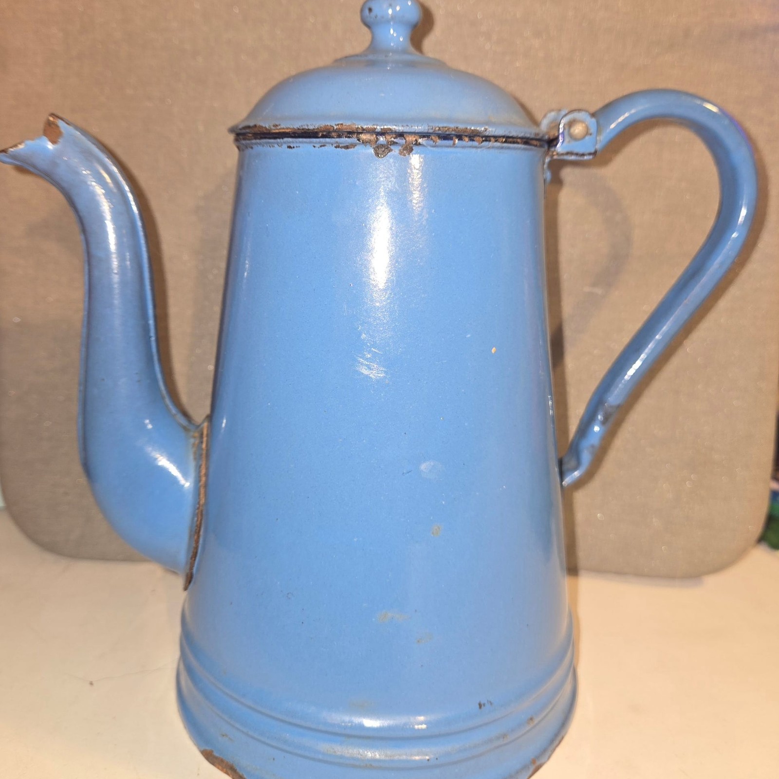 Vintage French Enamelware Blue Gooseneck Coffee Pot