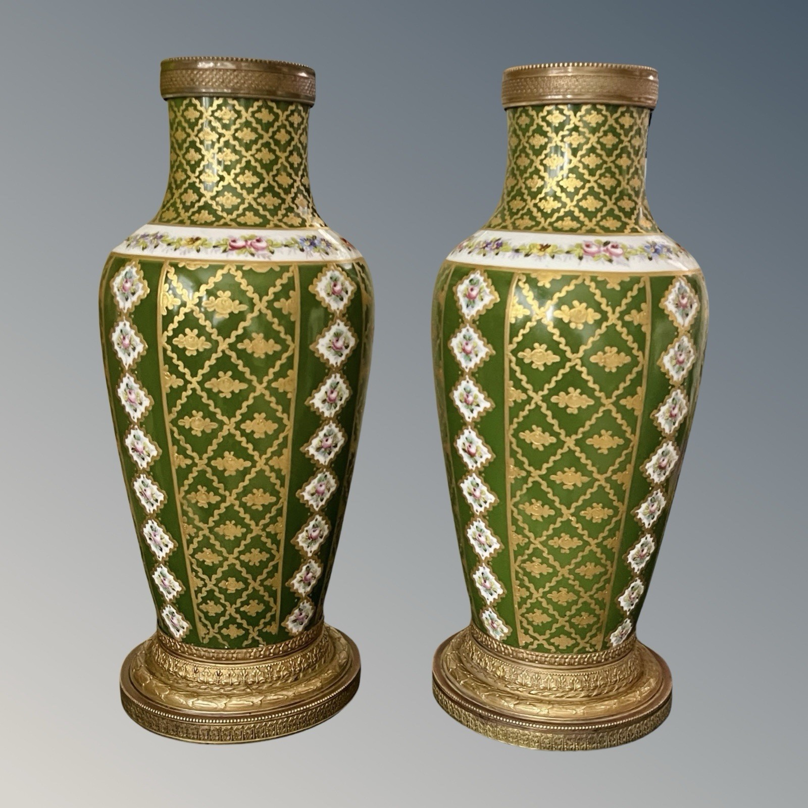 19C French Sevres Pair Porcelain Gilt Bronze Vases