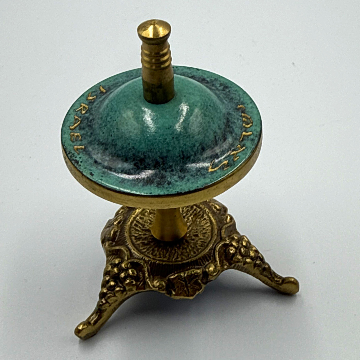 Brass Judaica Besamim Spice Box Hebrew Lid & Tongs Tripod Base Marked Israel