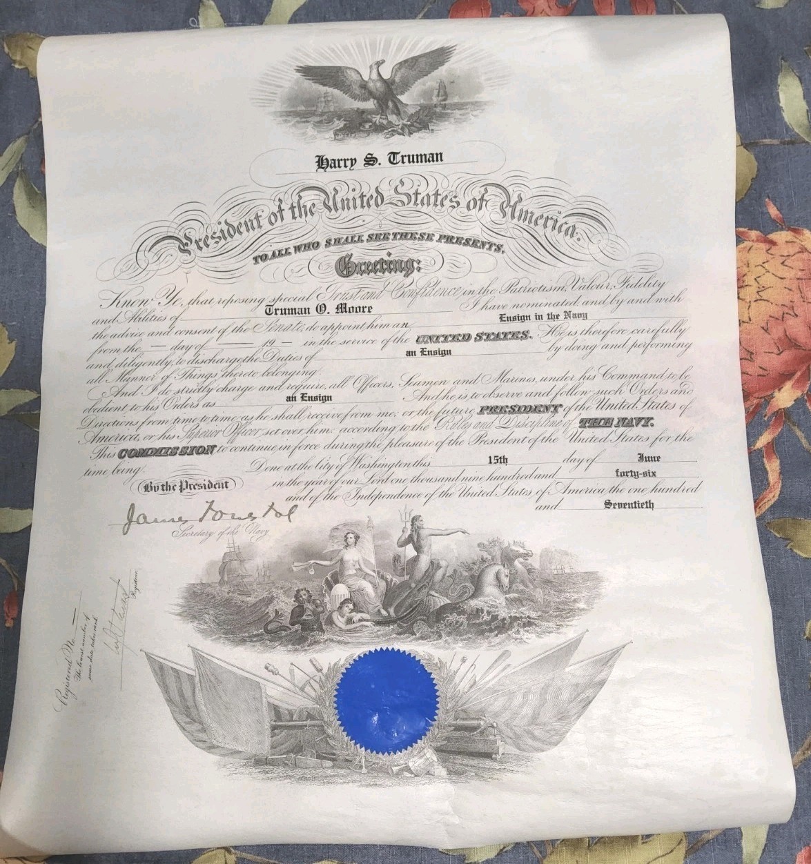 President Harry Truman 1946 Naval Appointment Sgnd James Forrestal
