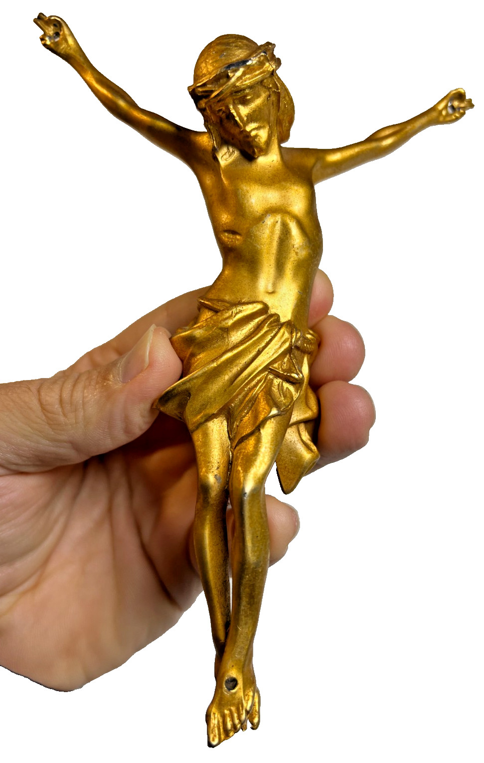 Antique 1930s Art Deco Gilt Metal Jesus Corpus Crucifix Figure Large 7” Salvaged