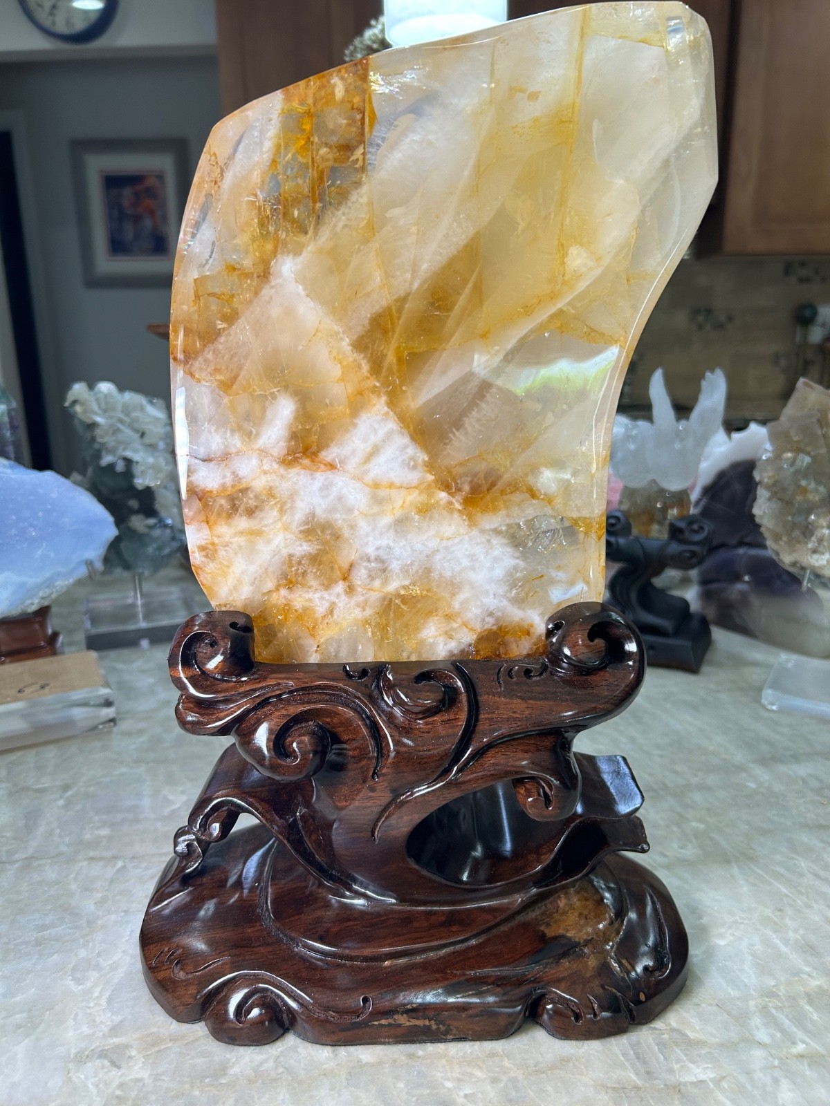 Huge Golden Healer Freeform on custom sandalwood stand 15.5” tall 17 lbs