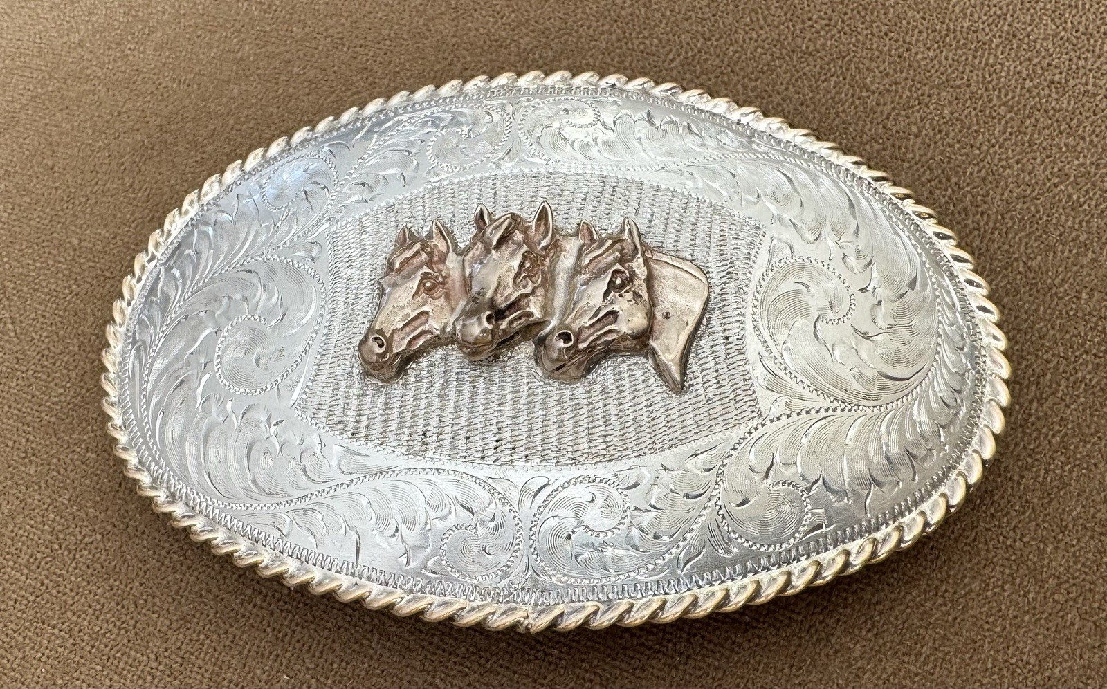 VTG AWESOME Unbranded Old Western American Sterling Silver OL Horses Belt Buckle