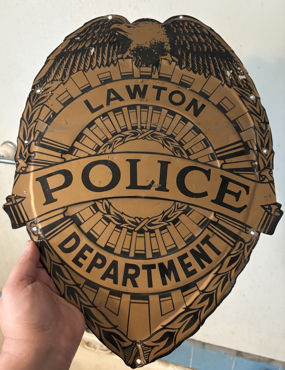 Rare  Original 1950s Lawton, Oklahoma Police Car Door Metal Sign. 14x19