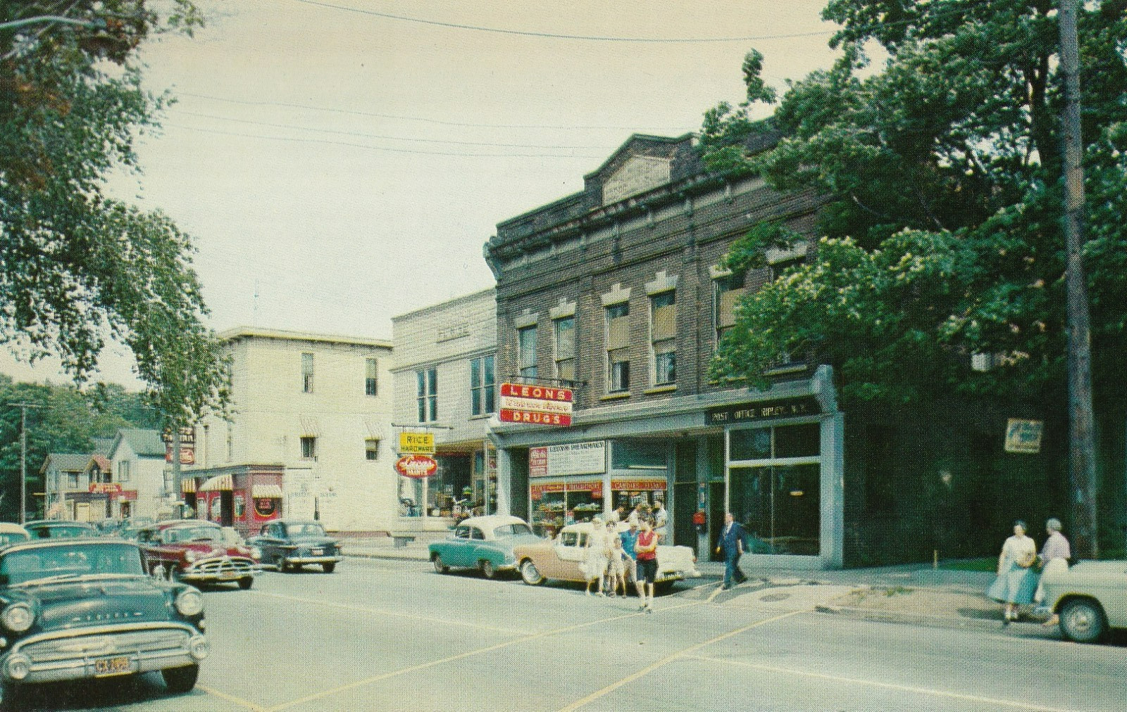 Vintage Main Street Ripley New York Postcard 1950s Cars Leon's Drugs