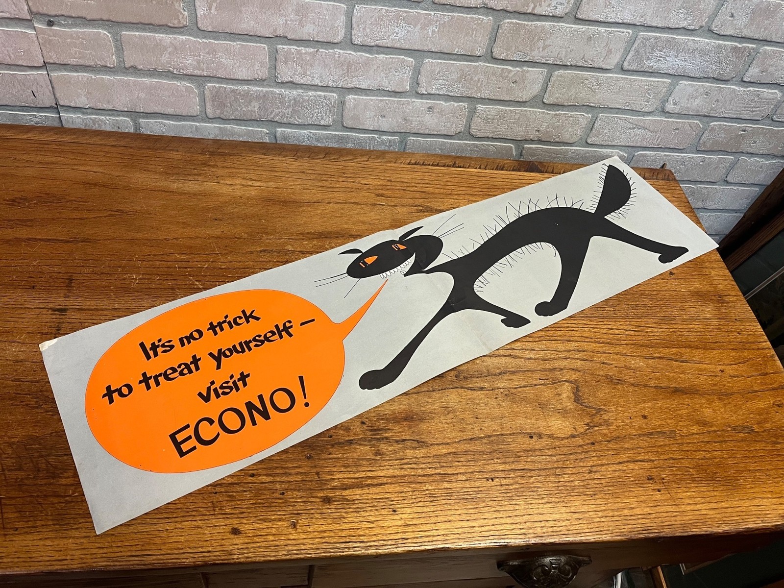 Vintage 1950s Halloween Trick or Treat Advertising Sign Banner Black Cat Econo G