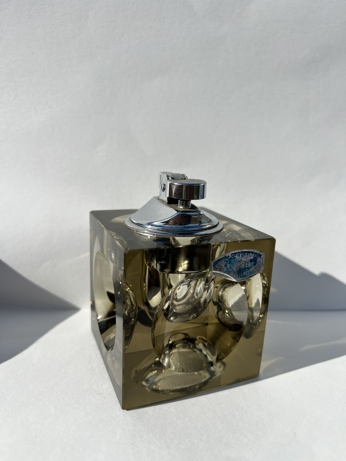 Vintage Smoked Glass Cube Table Lighter  Japan Art Deco hand cut crystal 