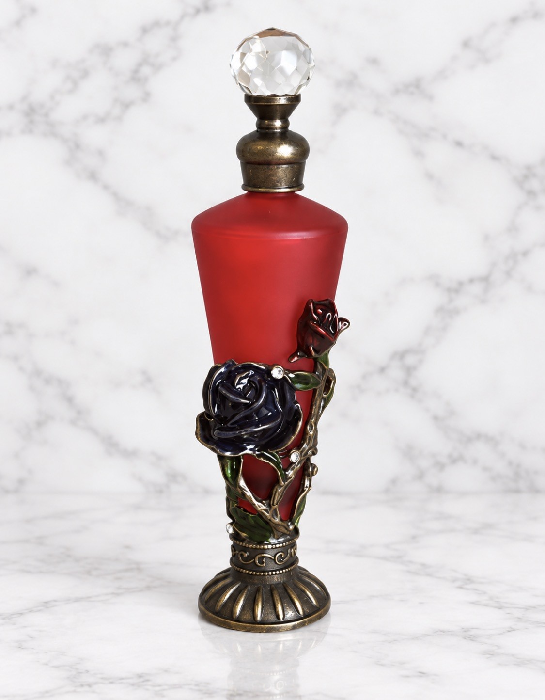 Frosted red glass floral Rose Ladies Metal enameled Empty Perfume Bottle