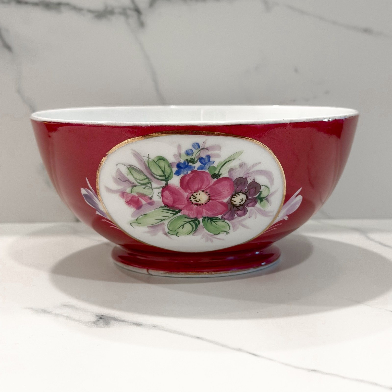 Kuznetsov Gardner Imperial Russian Porcelain Bowl Red Floral Antique c1900