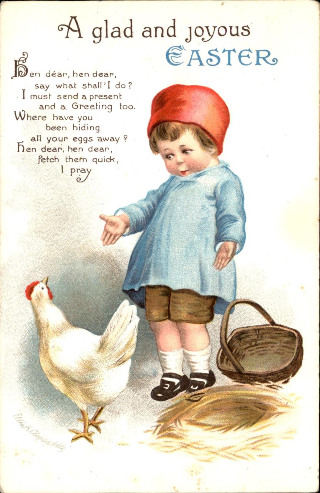 Easter Child with Hen and Basket Ellen Clapsaddle c1910s-20s Vintage Postcard