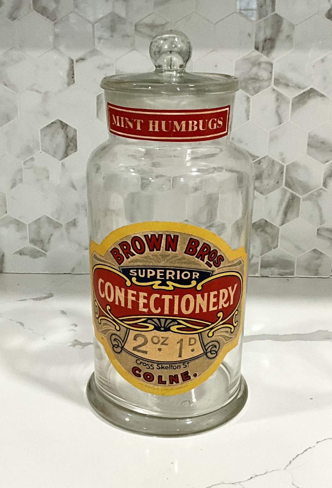 Vintage Brown Bros Mint Humbugs Confectionery Glass Shop Jar Early 20TH C 13