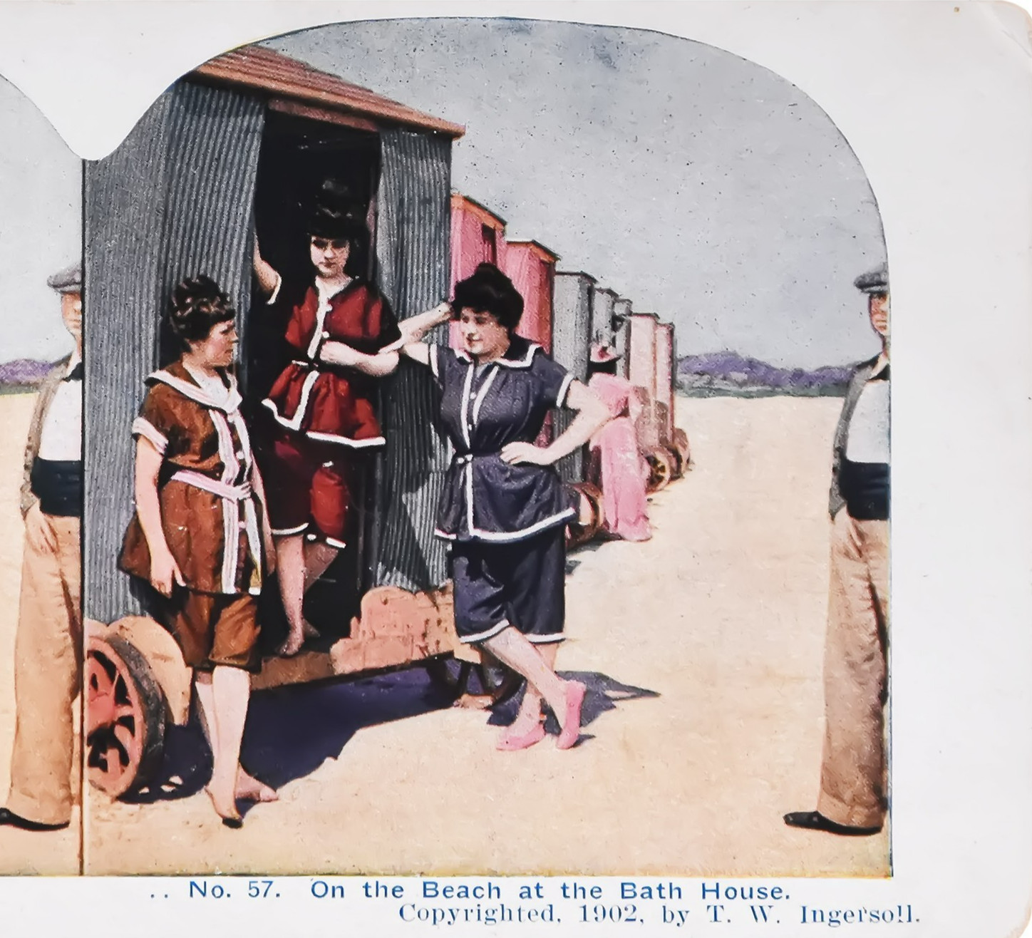 1902 On the Beach at Bath House Comic Series Hand tinted Stereoview Card - PC205