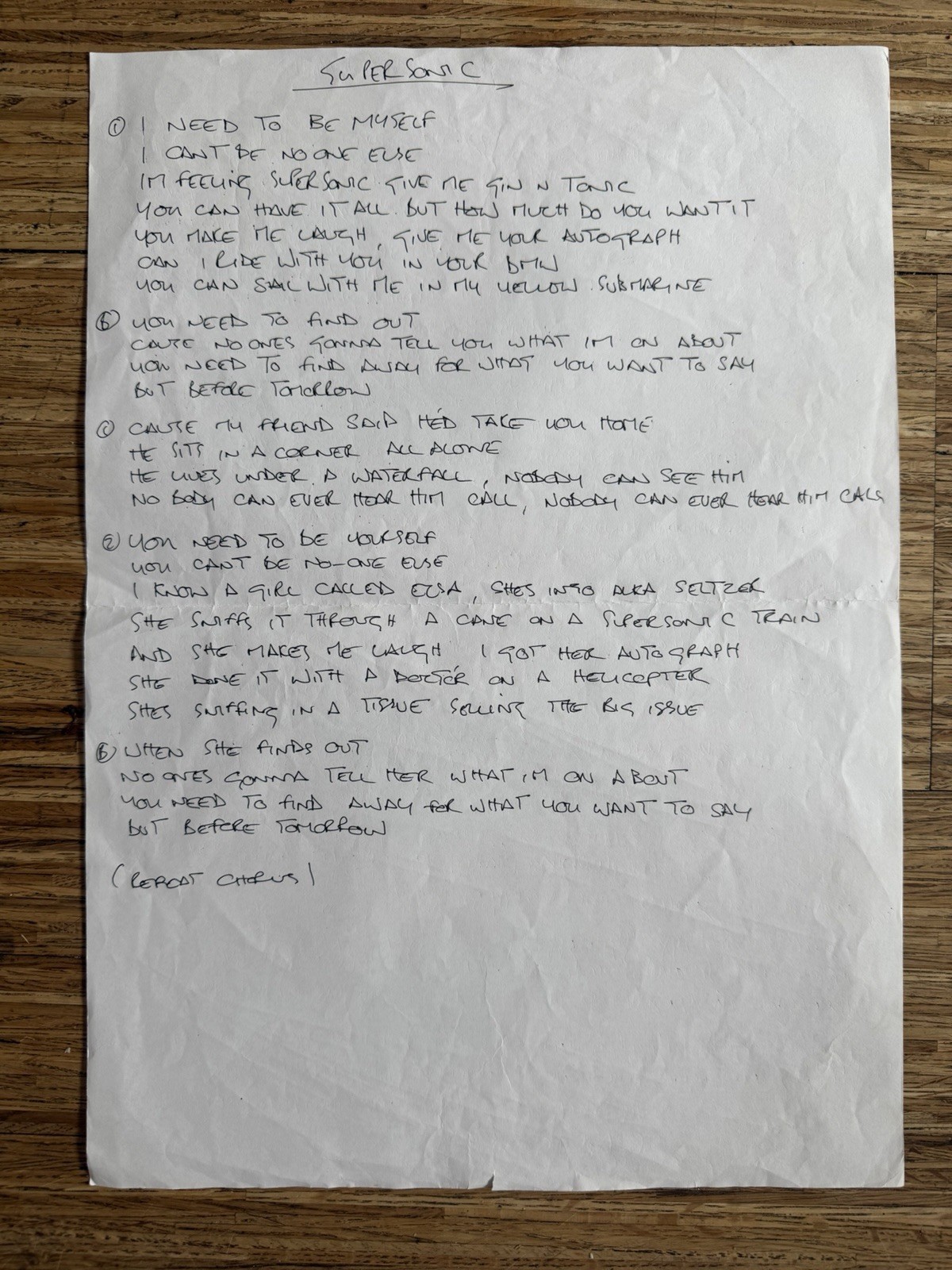 Noel Gallagher (Oasis) - Original Handwritten Lyrics for ‘Supersonic’ - Large