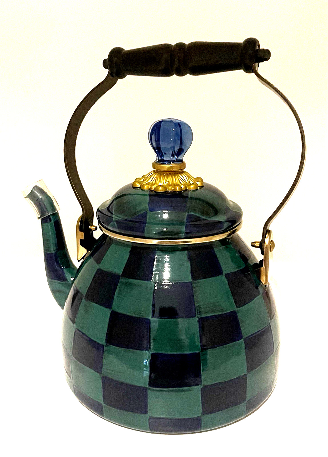 Mackenzie Childs New Juniper Blue Green Check 2 Quart Tea Kettle Ltd. Edition