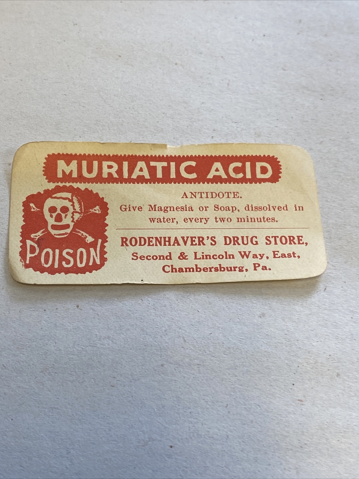 Vintage 1890-1910 Muriatic Acid Chambersburg Pa  Skull Poison Bottle Label