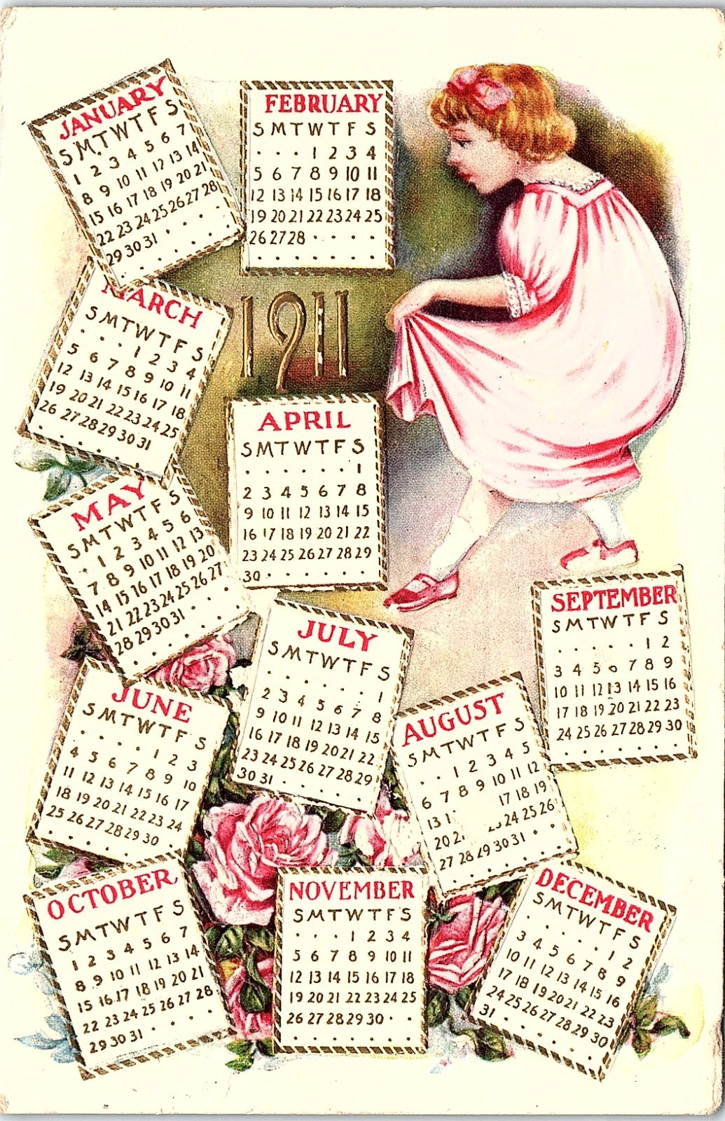 Vintage Postcard 1910 Calendar Girl Roses Art Nouveau Holiday Greeting