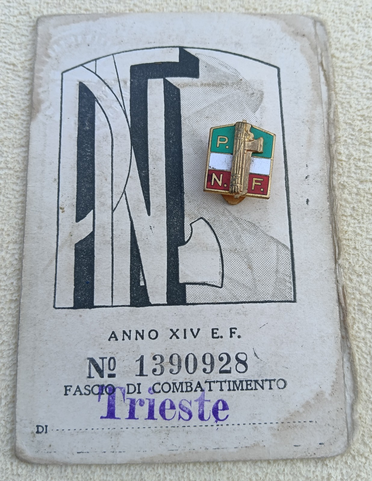 II WW - PNF - Trieste, 1936 card with photo + eyelet badge
