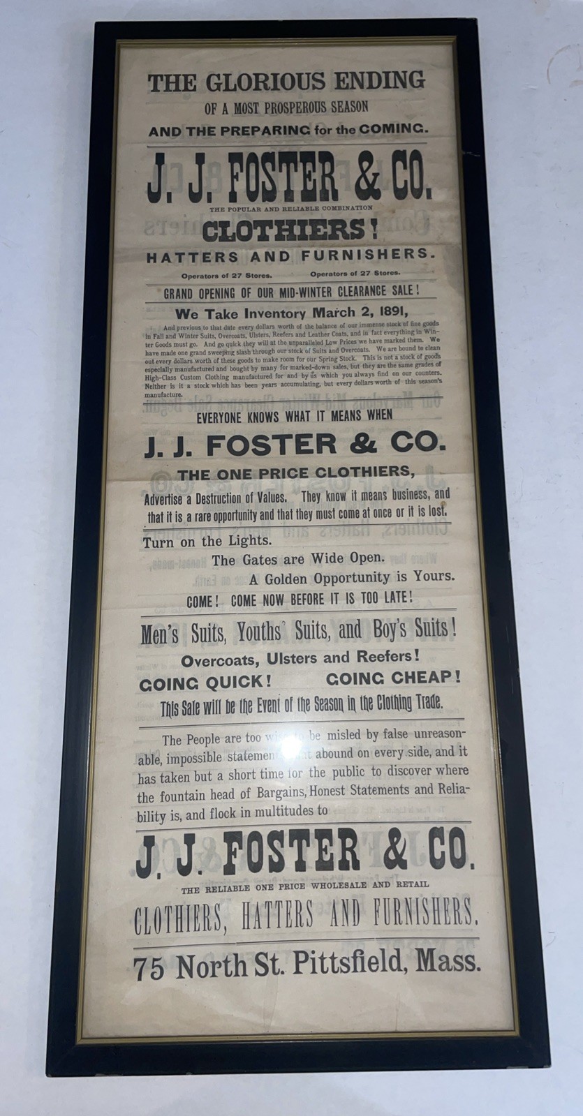 Vintage 1891 Framed Advertisement Sign J.J. Foster & Co