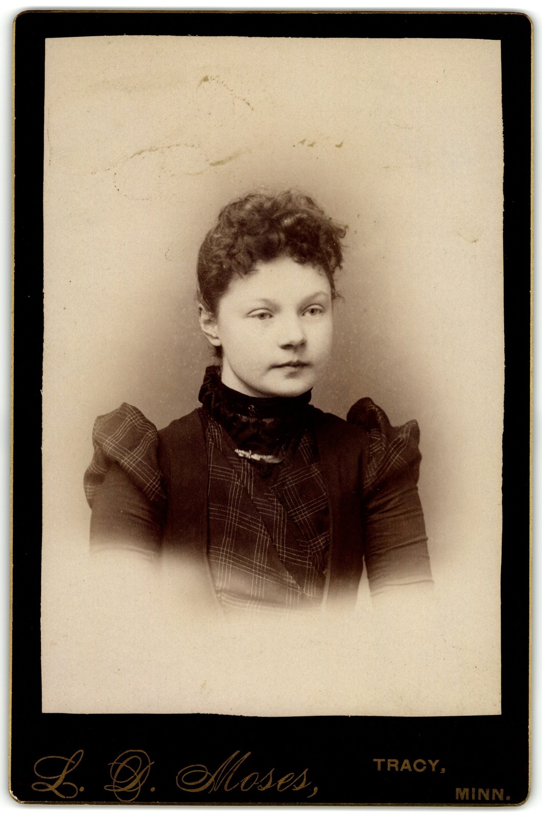 Antique Cabinet Card Circa 1890s L D Moses Young Woman Plaid Bodice Tracy Minn