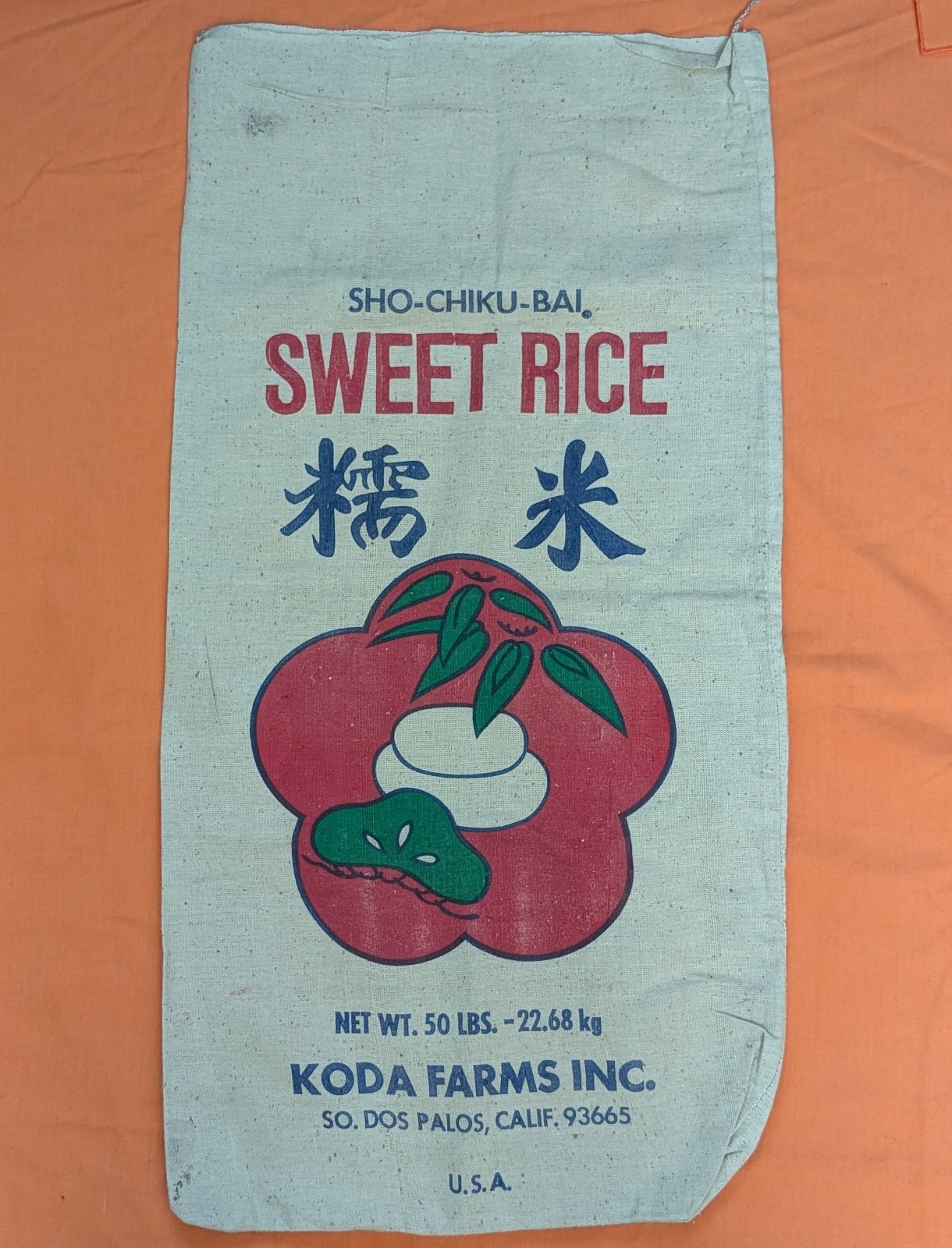 Vintage 50lb Sho-Chiku-Bai Sweet Rice Sack - Koda Farms - Burlap Vintage 50lb Sho-Chiku-Bai Sweet Rice Sack - Koda Farms - Burlap