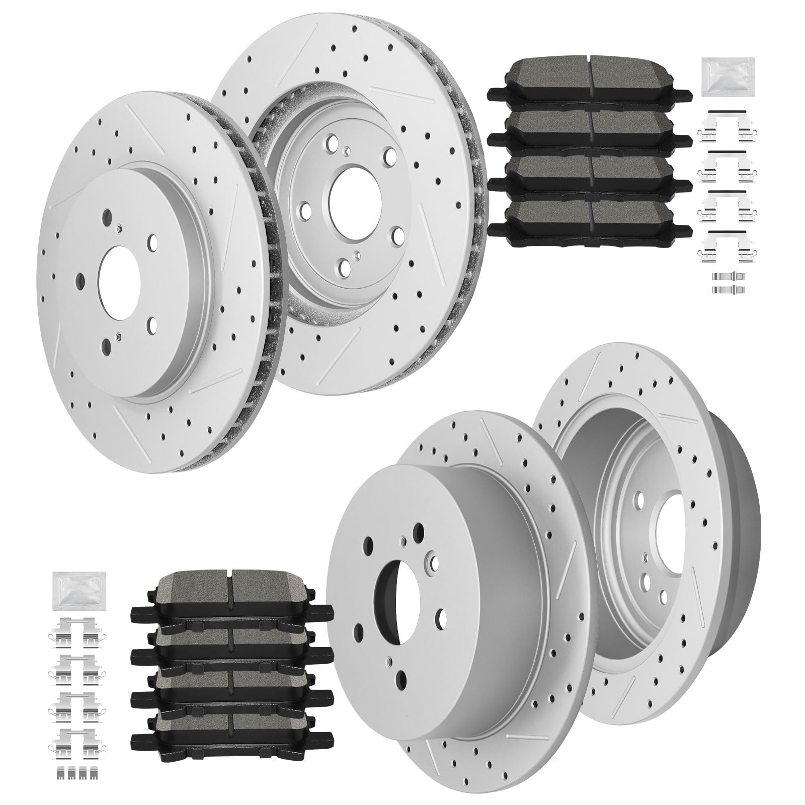 Front and Rear Brake Kit, Ceramic Brake Pads and Drilled and Slotted Brake Ro...