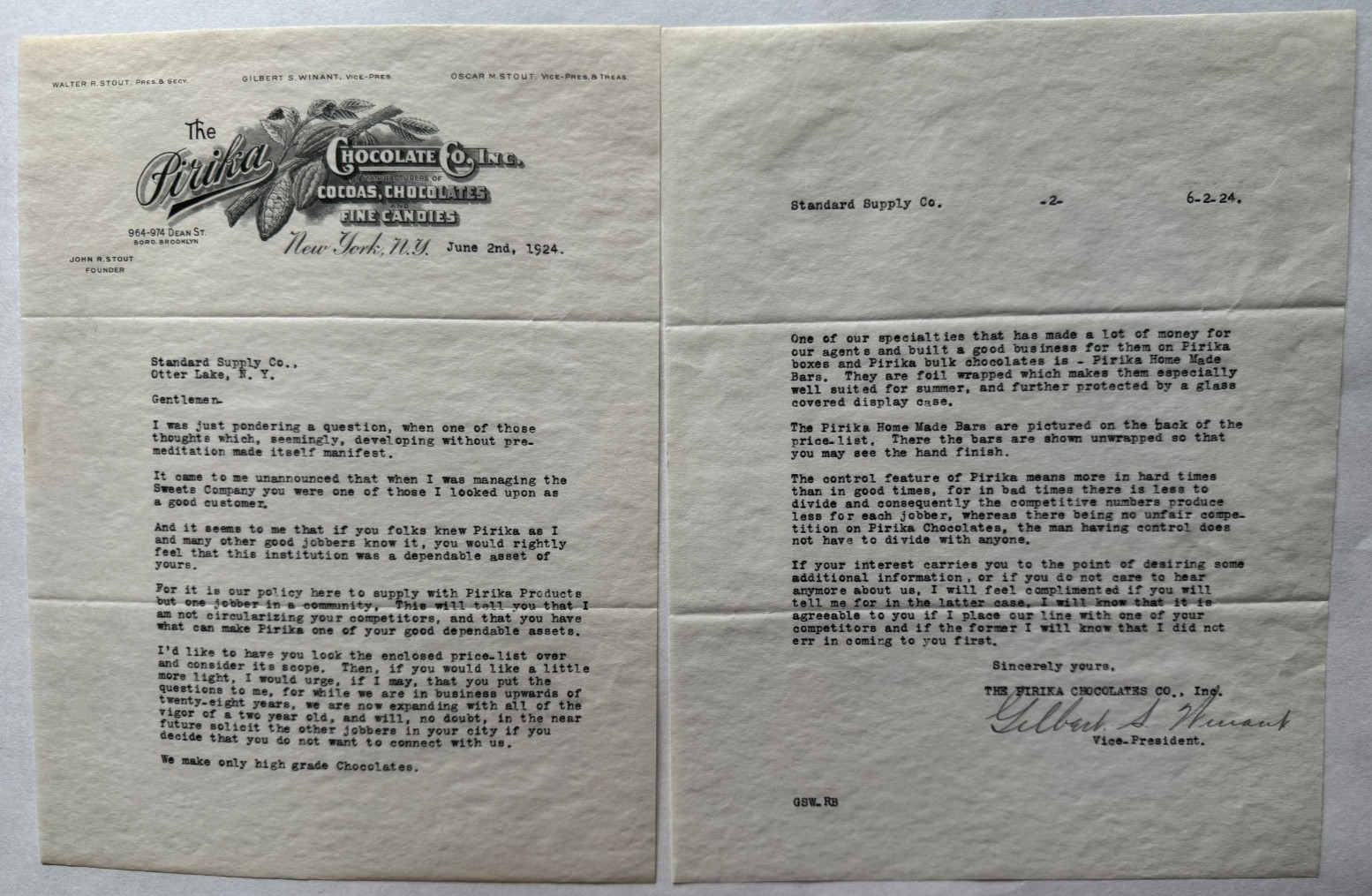 Vintage 1924 Letterhead Correspondence Pirika Chocolate Co Brooklyn New York NYC