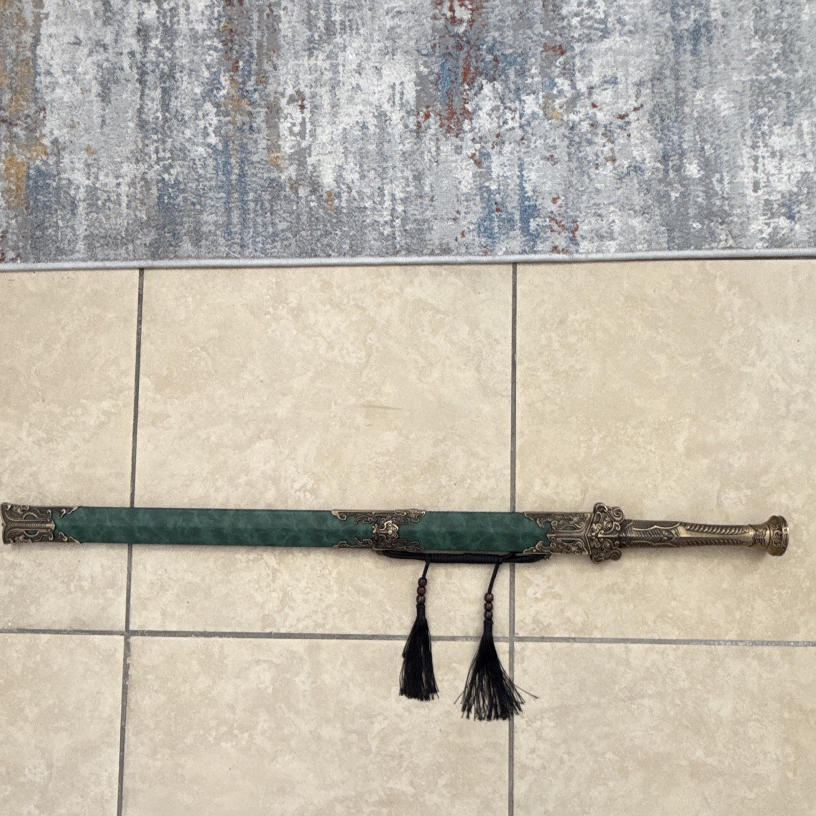 Decorative Reproduction Jian Sword w/ Green Scabbard & Tassels, Metal Hilt