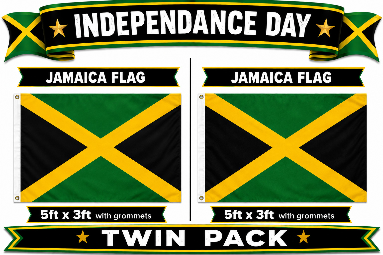 2 X Giant 5ft x 3ft Team Jamaica Jamaican Independence Day Flag Speedy Delivery