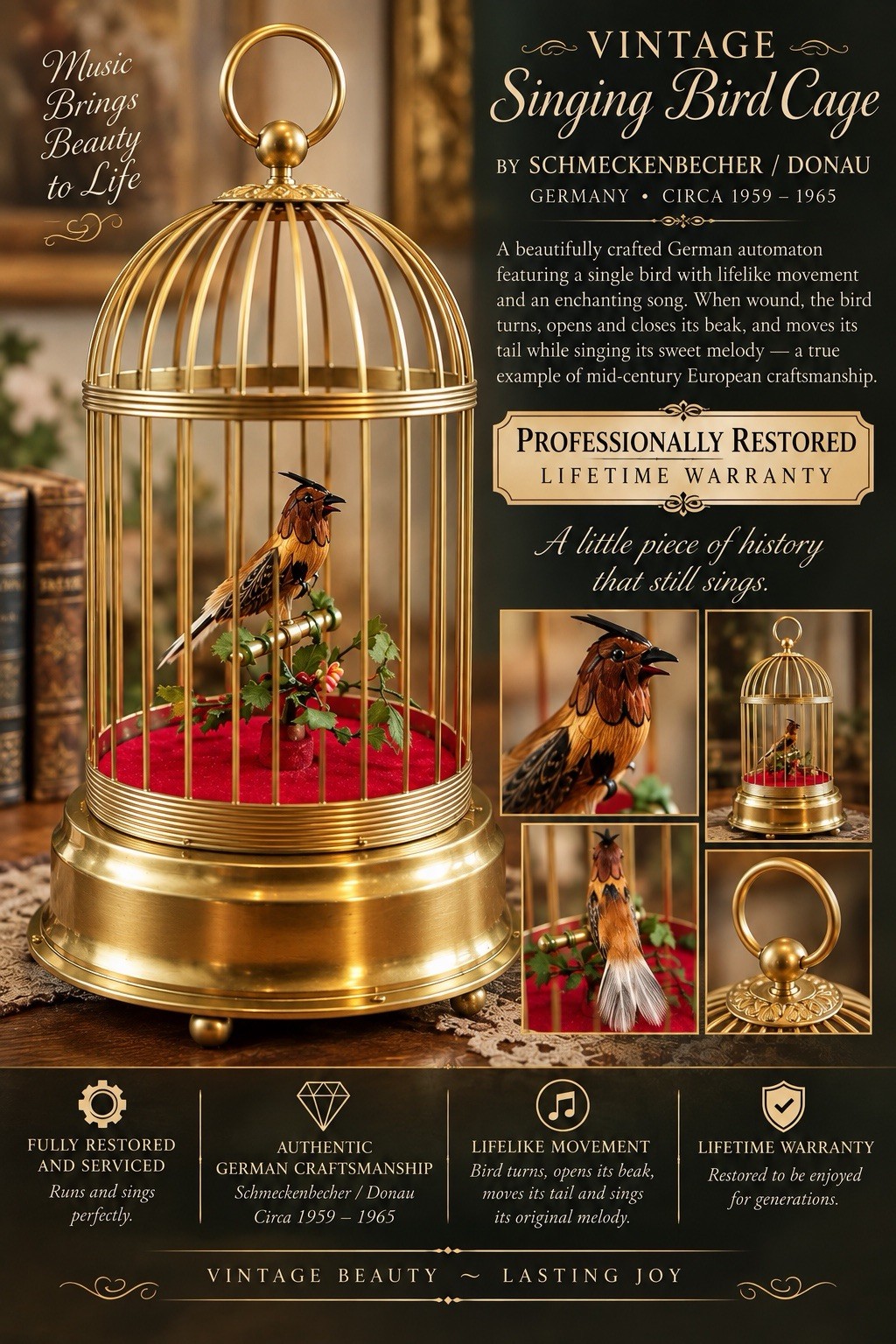 Vintage Schmeckenbecher Donau Singing Bird Cage Automaton Germany Restored