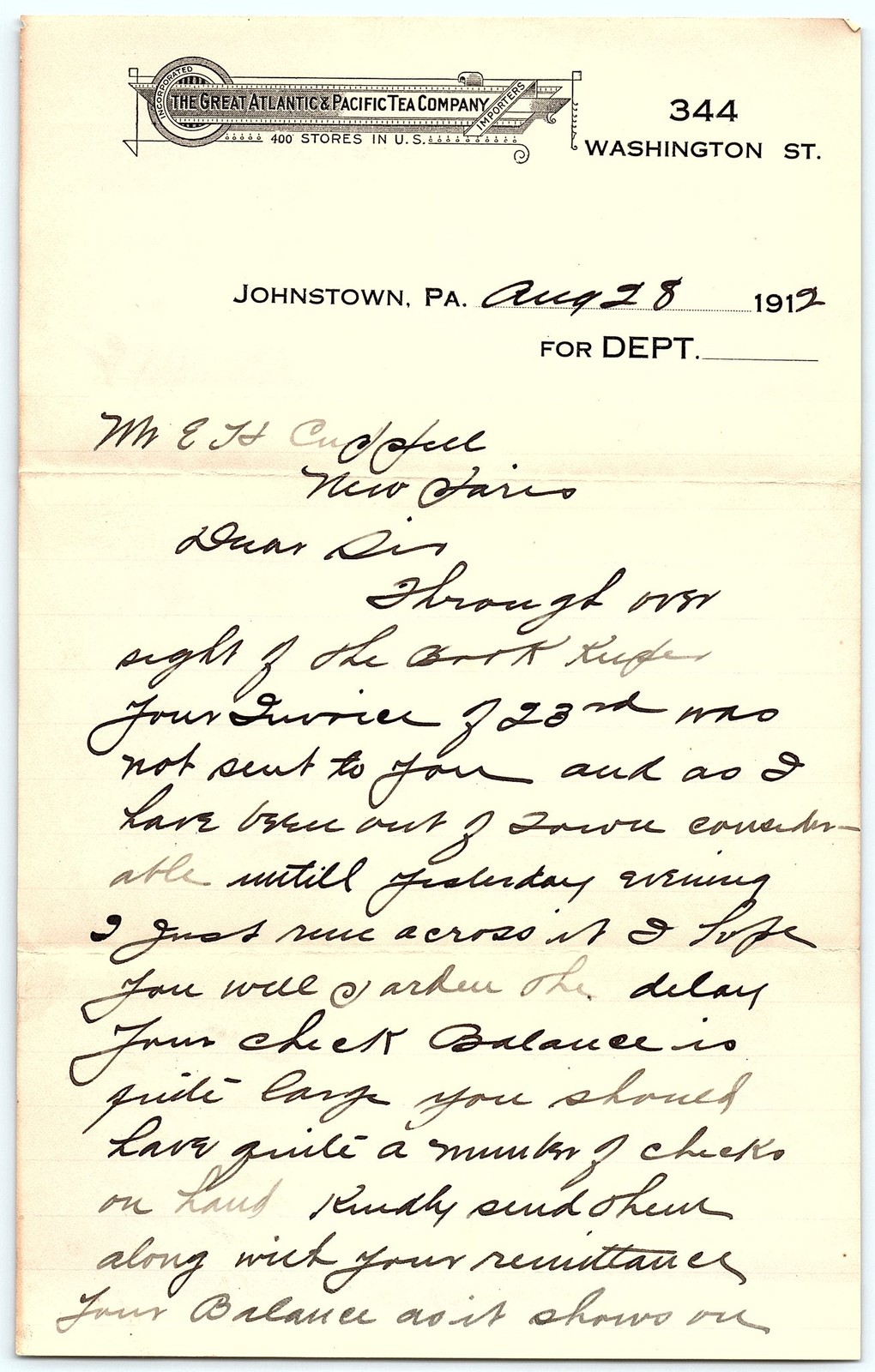 1912 A&P Tea Co. Johnstown PA Handwritten Letterhead 1912 A&P Tea Co. Johnstown PA Handwritten Letterhead