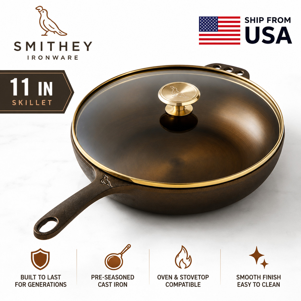 Smithey Seasoned Cast Iron Deep Skillet with Lid, 11 in NEW.
