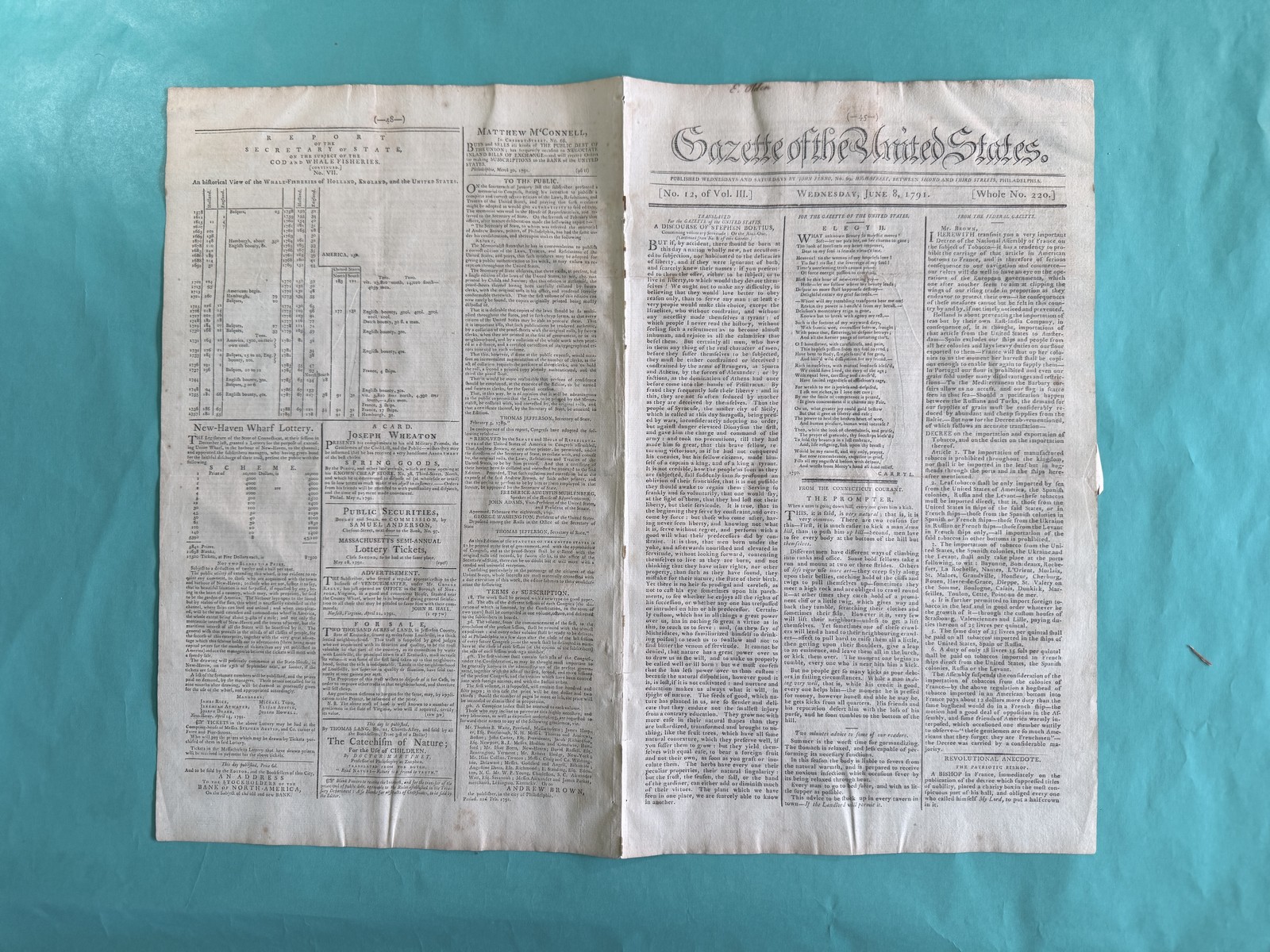 1791 Gazette of the United States June 8, Washington John Adams Thomas Jefferson