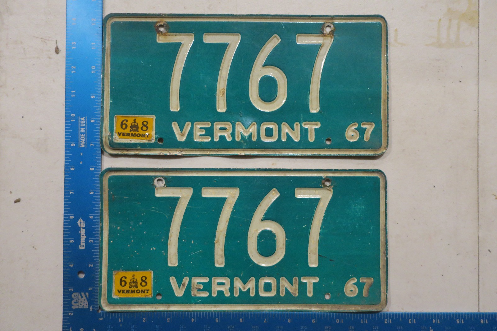 Vermont License Plate Tag 1967 1968 67 68 VT Pair Set Natural Sticker 7767