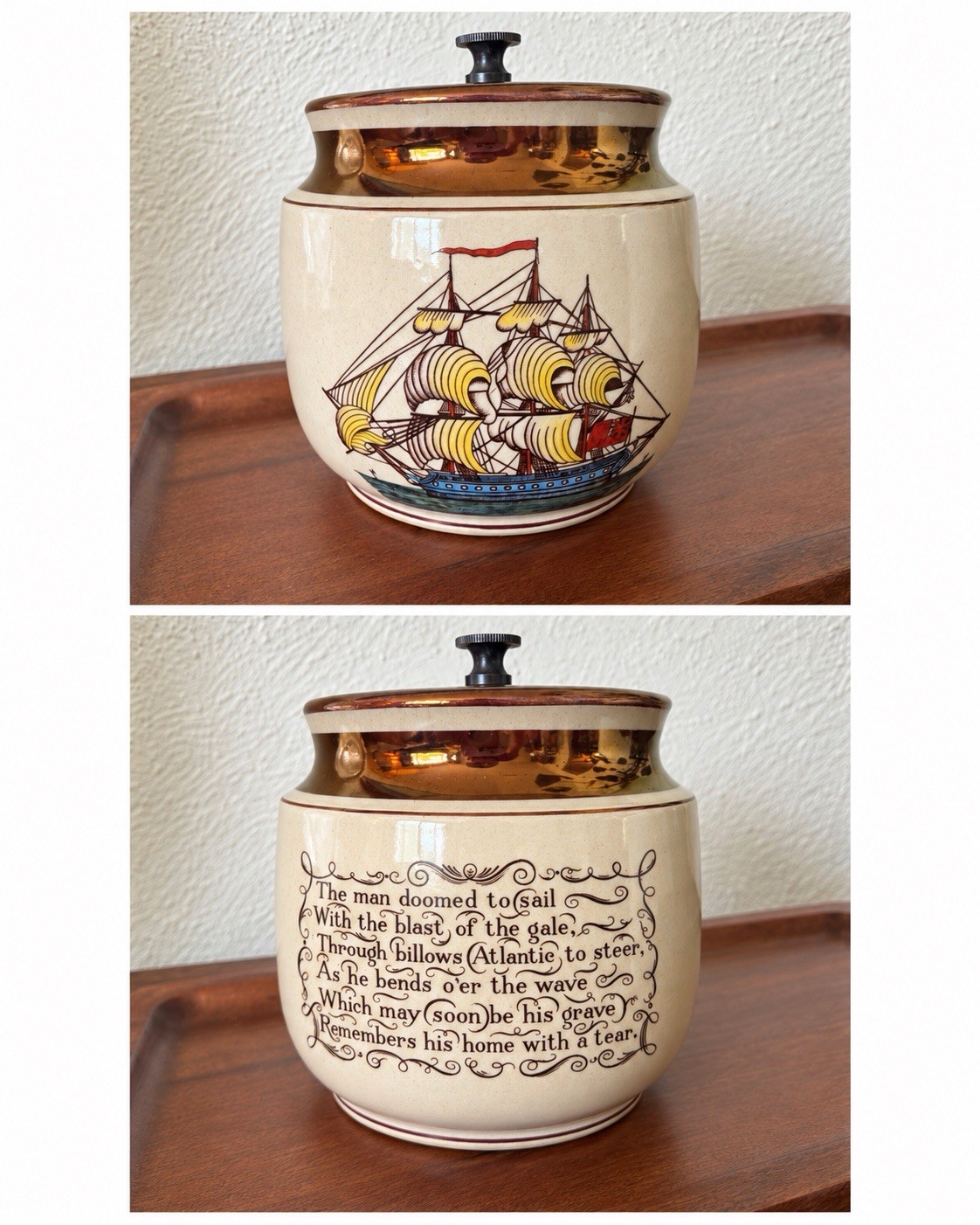 Vintage Gray’s Pottery Tobacco Jar Humidor Nautical Clipper Ship Poem 1940s