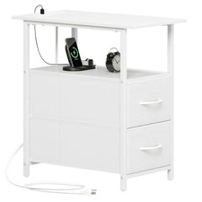 Somdot Narrow End Table with Charging Station, 2 Drawers, Slim Side Table White picture