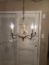 Vintage Brass Metal & Crystal Hanging 5 Light Arm Chandelier Ceiling Light picture