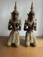 Vintage Thai Bronze brass kneeling wai temple guardian statues pair Asian decor picture