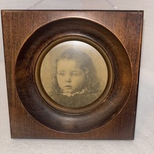 Antique Child Portrait Photograph Round Glass Dark Wood Frame Victorian picture