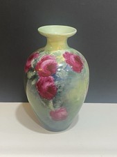  Antique Hand Painted Porcelain Cabbage Rose Vase Signed E.F. Snyder 9.5 picture