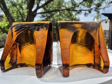 Vintage Blenko Glass Wayne Husted Design Bookends Honey Amber Mid Century Heavy  picture