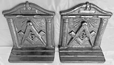Vintage MASONIC BOOKENDS Hand Cast Iron Circa 1925 All Seeing Eye Square Compass picture