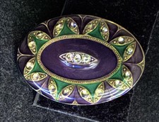 Vintage Catherine Popesco Art Deco Purple & Green Enamel Rhinestone Oval Brooch picture
