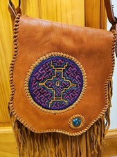 Handmade Leather Bag Fringe Peru Shipibo Tribe  Embroidery & Chrysocolla Stone picture
